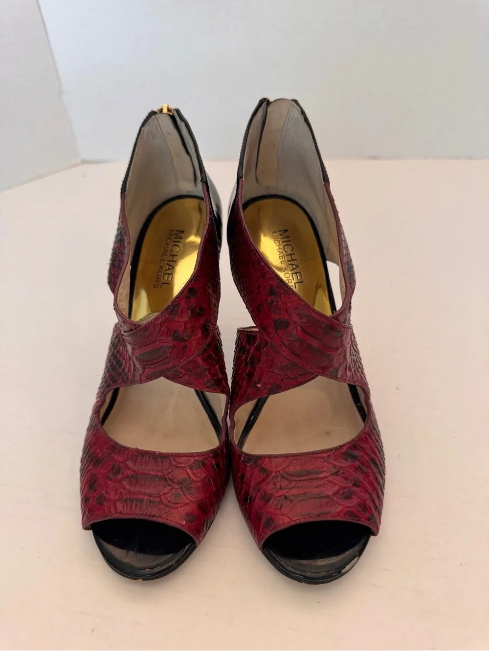 Michael Michael Kors Women 8M Berkley T-Straps Red Leather Snakeskin Heels Pumps